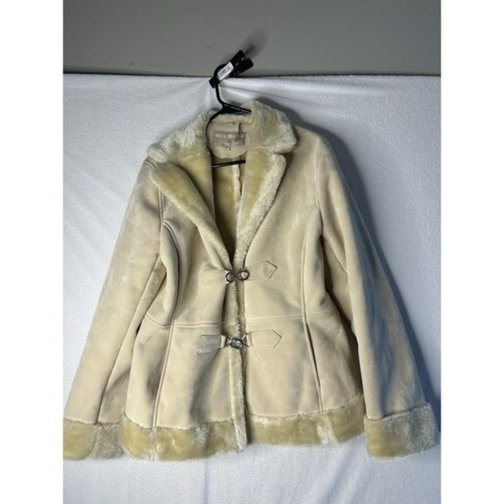 Marc New York Andrew Marc Cream Faux Suede Fur Trim Toggle Jacket Womens M